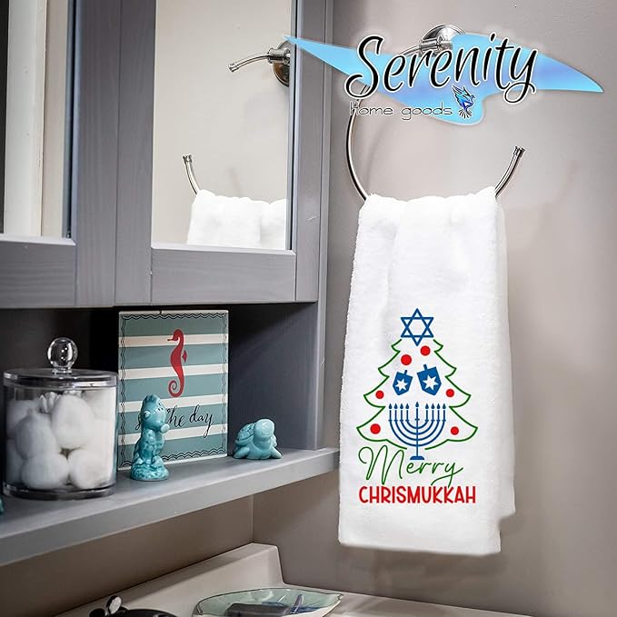 Christmas Decor | Decorative Kitchen and Bath Hand Towels | Merry Chrismukkah Tree | XMAS Winter Novelty | White Towel Home Holiday Decorations | Gift Present