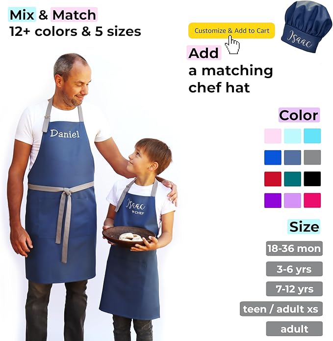 Kids Apron - Embroidered Personalized Cooking Custom Apron with Name, Adjustable, Cotton, with Pockets, for cooking