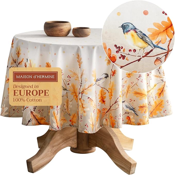 Maison d' Hermine Table Cloth Round Table 100% Cotton 69 Inches Fall Tablecloth Reusable Everyday Use for Thanksgiving Christmas Decorations Dining Farmhouse Party (Oak Leaves)