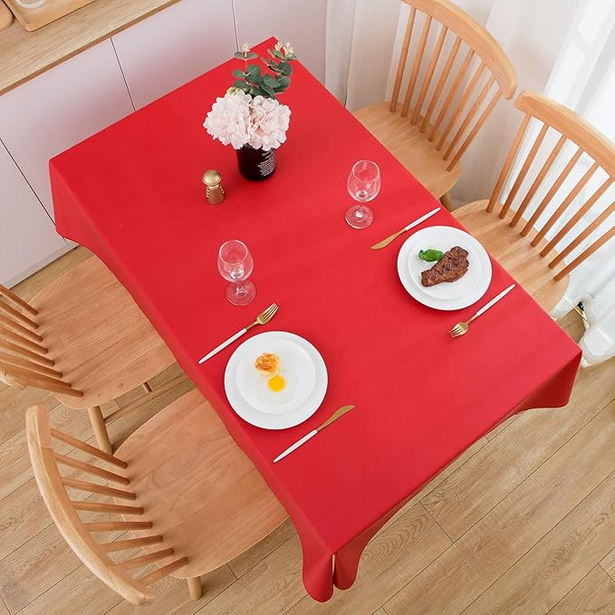 Pioggia Vinyl Tablecloth with Flannel Backing Oblong Waterproof Oil-Proof Plastic Table Cloth Wipeable PVC Table Cover for Indoor and Outdoor (Red, 60 x 102 Inch)
