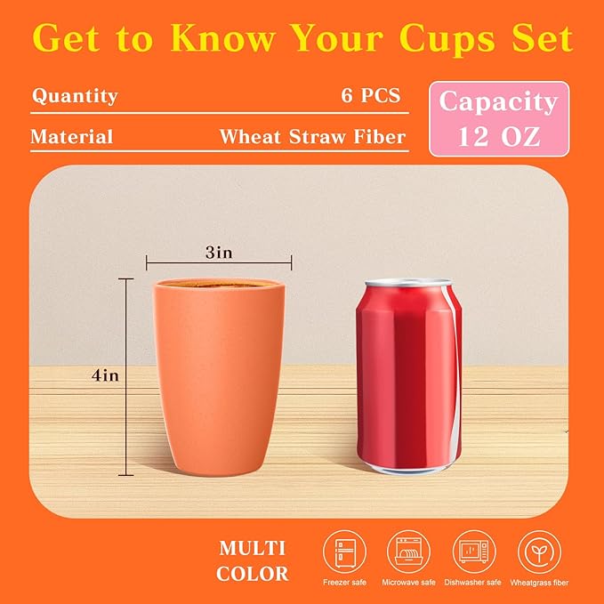 Homienly Water Cups Wheat Straw Drinking Glasses Cups 12oz Unbreakable Cups,Microwave and Dishwasher Safe Cup Set,6 PCS Stackable Cups for Kitchen,Camping-Colorful