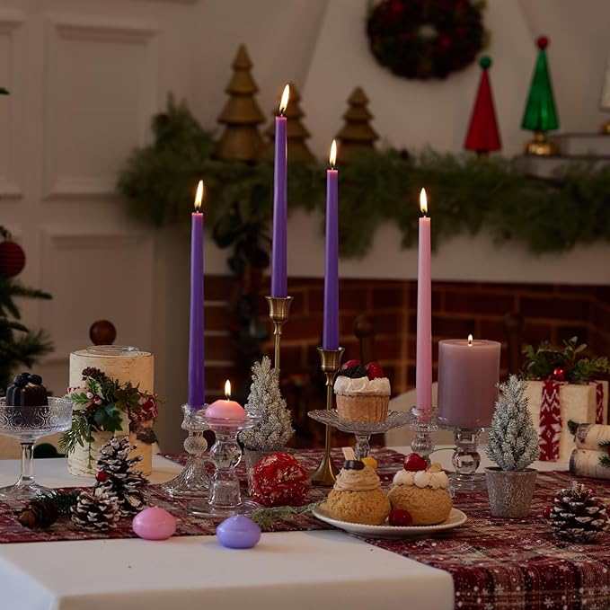 12-Inch Tall Dripless Advent Candles Set of 4, Tapered Candles, Perfect for Christmas - Smokeless, Unscented, Long Burning - Hand Poured, Colored Tall Candlesticks - Pink and Purple