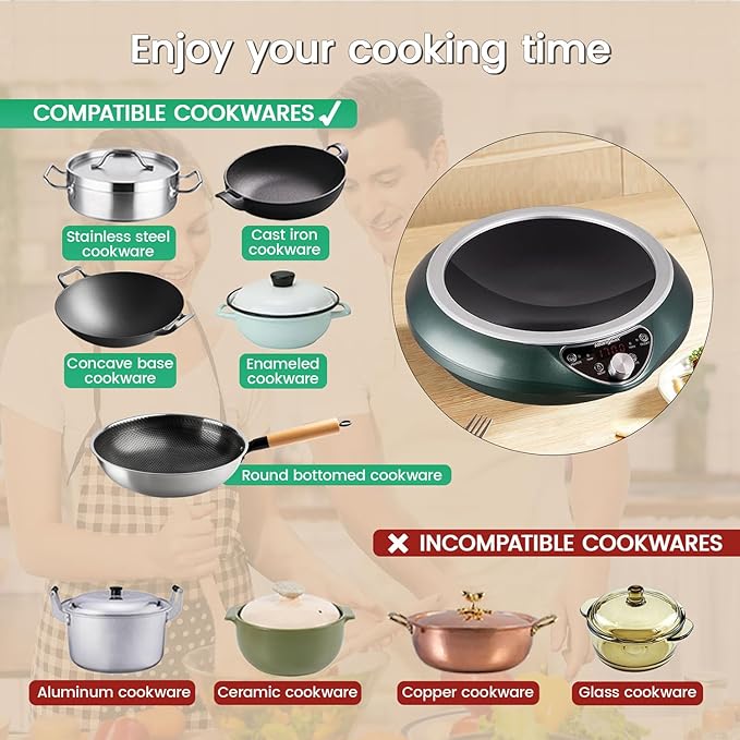 Wok Induction Cooktop 1700W 120V Burner Induction Curved Electric Stove Hot Plate Round Bottom Frying Evenly
