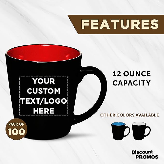 Custom Ceramic Coffee Latte Mugs 12 oz. Set of 100, Personalized Bulk Pack - Perfect for Coffee, Tea, Espresso, Hot Cocoa, Other Beverages - Red