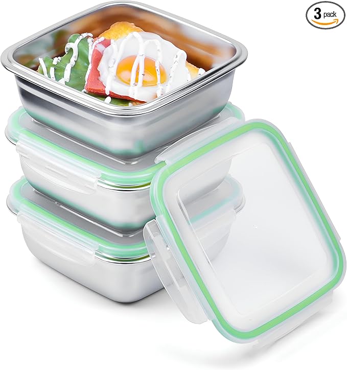 3 Pack Sandwich Containers, 24oz Stainless Steel Sandwich Box with Airtight Lids, BPA-Free, Dishwasher Safe, Durable & Reusable Metal Meal Prep Lunch Boxes for Fruits, Snacks, Bento (Green)