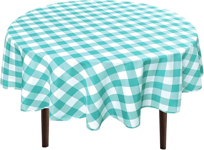 Hiasan Checkered Round Tablecloth 120 Inch - Waterproof Stain and Wrinkle Resistant Washable Fabric Table Cloth for Dining Room Party Outdoor Picnic,Aqua and White