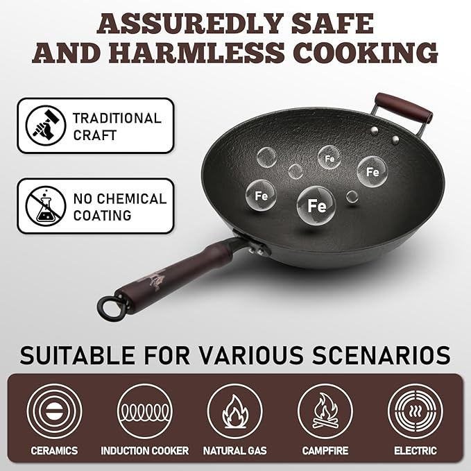 HONGJIANG Cast Iron Wok Pan with Lid, 12.6" Pre-Seasoned Flat Bottom Wok, Coating-Free Wok Stir Fry Pan, Compatible Traditional Chinese Wok for Induction, Electric, Gas, Open Fire