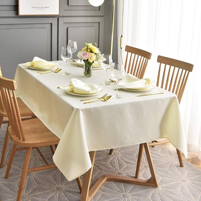maxmill Jacquard Table Cloth Waving Pattern Water Proof Wrinkle Free Heavy Weight Soft Tablecloth Decorative Fabric Table Cover for Outdoor and Indoor Use Rectangular 60 x 104 Inch Ivory