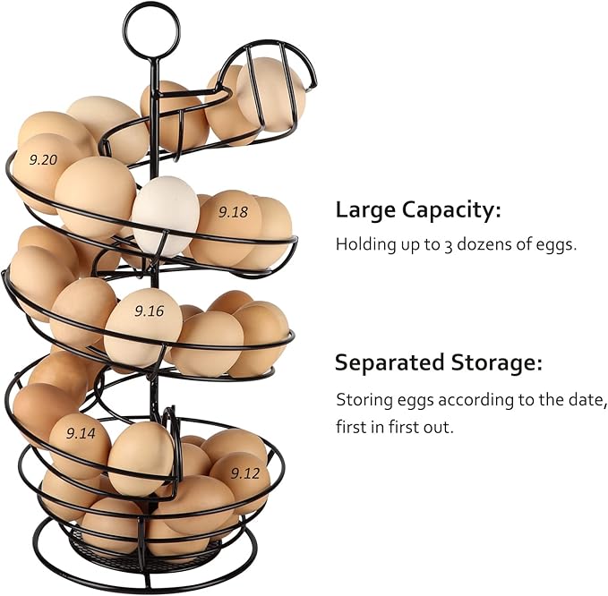QUTREY Black Metal Egg Holder Countertop, Fresh Egg Skelter, Spiral Design Egg Dispenser Rack with Storage Basket for Kitchen