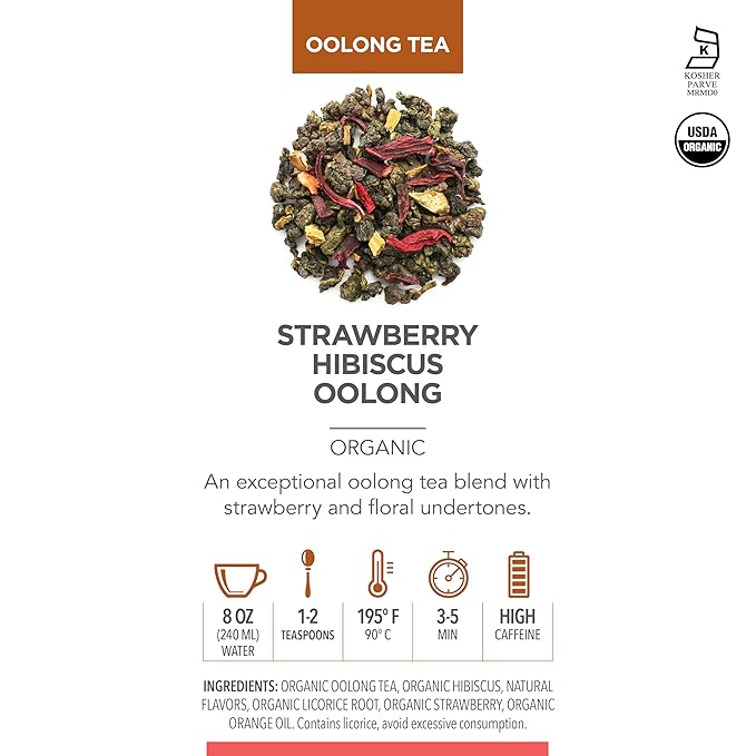 Teabloom Organic Oolong Tea, Strawberry Hibiscus Loose Leaf Tea, USDA Certified Organic, Fresh Whole Leaf Blend in Reusable Gift Canister, 5.29 oz/155 g Canister Makes 35-50 Cups