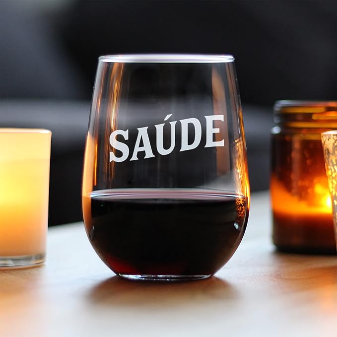 Bevvee Saude - Portuguese Cheers - Stemless Wine Glass - Portugal Themed Gifts or Party Decor for Women - Large