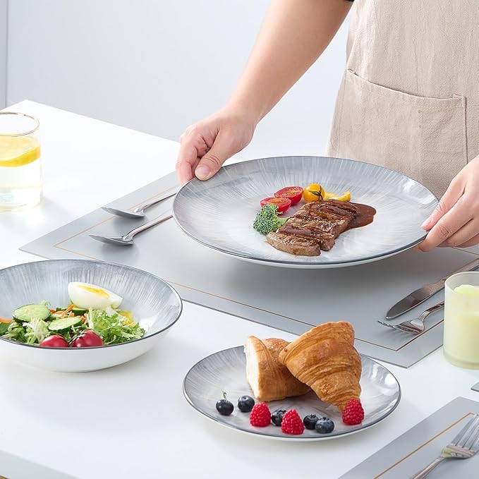 Bestone Porcelain Dinnerware Sets Service for 4, 12 pcs Hand drawn Plates and Bowls Sets, Handmade Ceramic Dish Set, Chip Resistant Modern Plate Set, Dishwasher/Microwave Safe，Gray