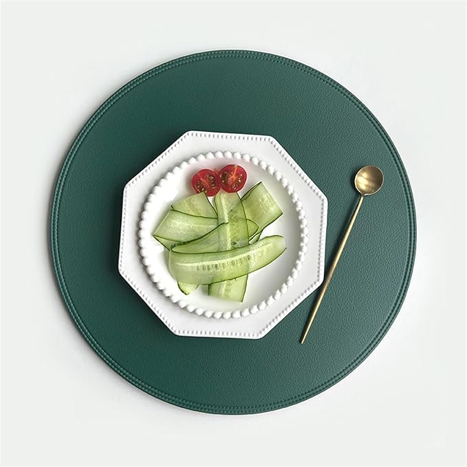 Round Leather Placemat for Dining Faux Large Non-Slip Insulation PU Place Mat for Kitchen of Home Waterproof(Green)