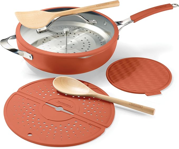 Tramontina Vue All-in-One Plus Pan Set, 5-Quart Ceramic Non Stick Cooking Pan with Glass Lid, Steamer Insert, Beechwood Utensils, Splatter Screen, Pot Holder, Orange