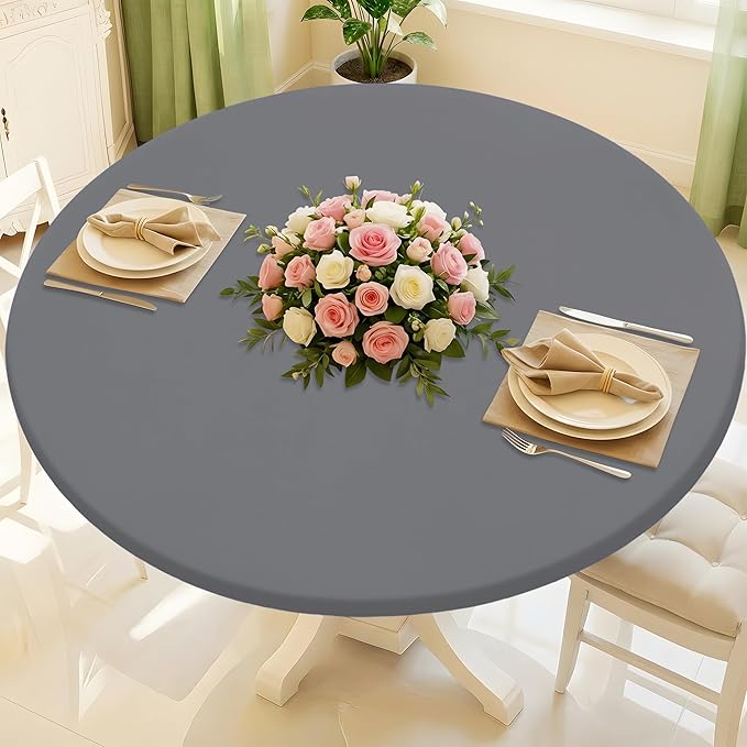 Round Spandex Tablecloth, Elastic Fitted Waterproof Tablecloths for 45"-56" Tables, Stretch Washable Picnic Table Cover for Camping, Dining, Indoor and Outdoor, Grey