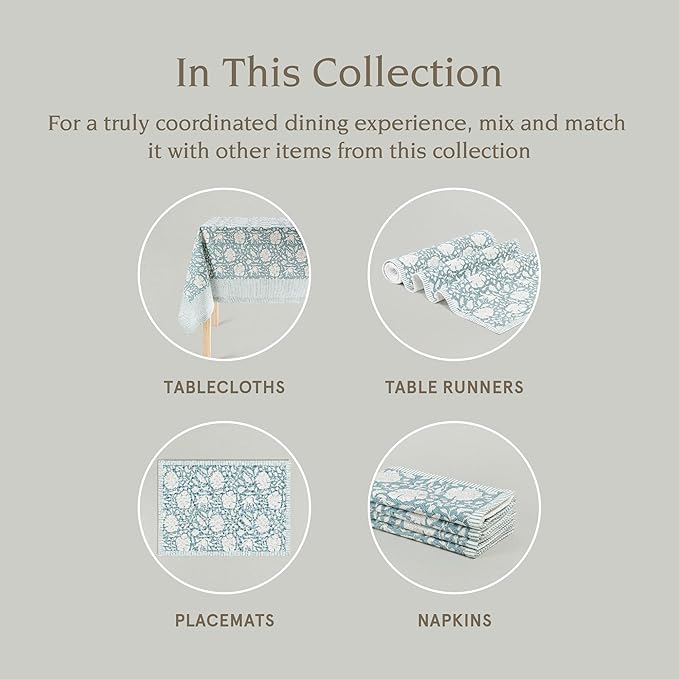 Over&Back Hand-Screened Tablecloth - Dining Table Cover - Each Tablecloth is Unique - 100% Cotton - Machine Washable - Kitchen and Home Decor - Blue Floral - 70x108