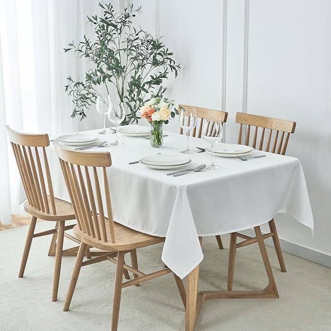 maxmill Rectangle Tablecloth Weaved Pattern Waterproof Spillproof Wrinkle Free Table Cloth, Kitchen Dining Tabletop Decoration, Fabric Table Cover for Holiday Parties, 52 x 108 Inch, White