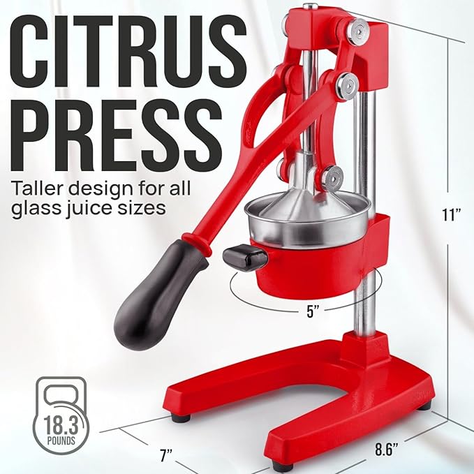 Zulay Kitchen Cast Iron Juicer - Easy-to-Clean Heavy-Duty Manual Juicer, Professional Citrus Juicer - Stainless Steel Lemon Squeezer - Manual Citrus Press & Orange Squeezer - Orange Juicer (Red)