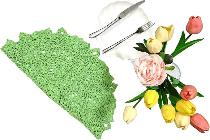 BIBITIME Lace Tablecloth Doily Handmade Crochet Placemat Women Vase Mat Kitchen Table Runner (1PC- 18 in to 20 in, Apple Green)
