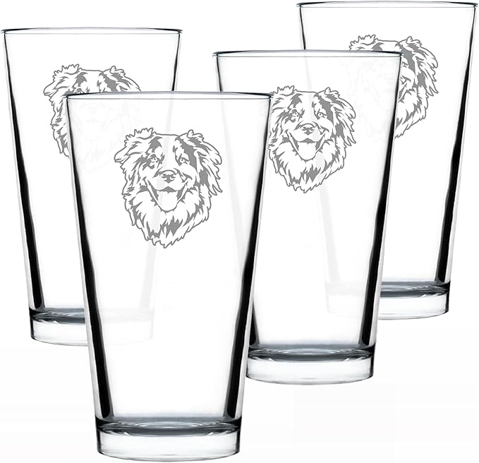 Australian Shepherd Face Pint Glass for Beer - Unique Dog Themed Decor and Gifts for Moms & Dads of Aussies - Set of 4-16 Oz