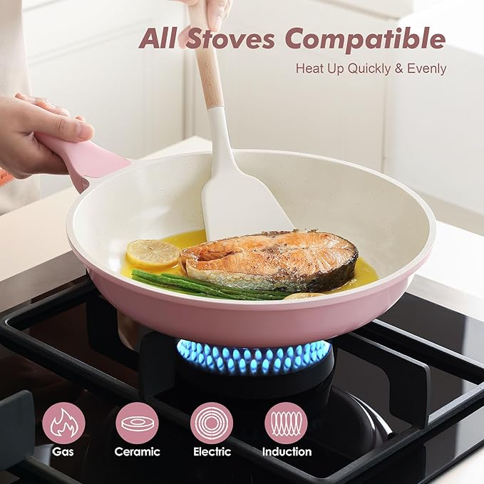 SENSARTE Nonstick Ceramic Frying Pan 9.5-Inch, Healthy Non Toxic Skillet, Induction Compatible Omelet Pan with Heat Resistant Handle, PFAS-Free, Pink