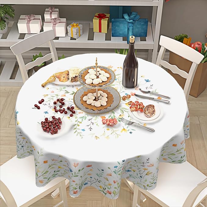 Spring Watercolor Floral Round Tablecloth 70 Inch Summer Wild Flower Polyester Table Cloth Easter Rustic Farmhouse Table Cover Decoration for Kitchen Dinner Party