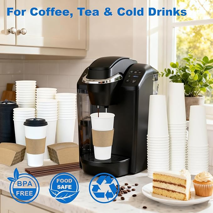 20 oz 50 Pack Coffee Cups with Lids and Sleeves, Straws, Hot Disposable To Go Travel Paper Cups Bulk for Office, Home Coffee Bar Accessories, Chocolate, Cocoa, Beverage (White)