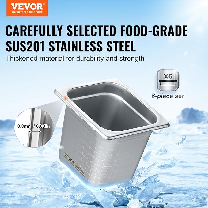 VEVOR 6 Pack Stainless Steel Hotel Pans - 1/6 Size 6-Inch Deep 0.8mm Thick Anti-Jam Commercial Food Pans for Steam Tables, Restaurants, Catering & Industrial Use
