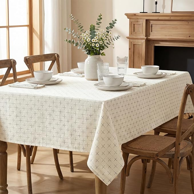 Horaldaily White Rectangular Table Cloth, Cross-Star Solid Textured Embroidery Tablecloth, Wrinkle Free Washable 60×140 Inch Table Cover for Kitchen, Party, Wedding, Picnic, Outdoor