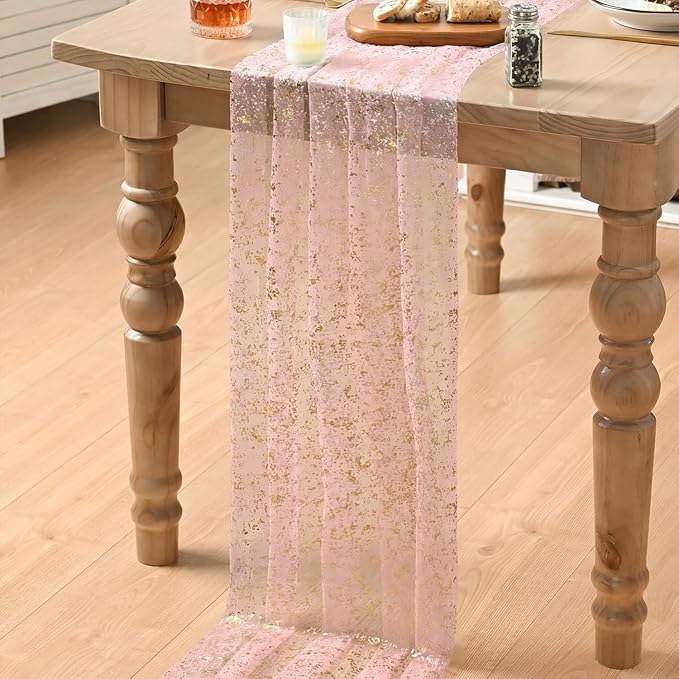 Artoid Mode Gold Gauze Pink Table Runner 120 Inch 10FT, Glitter Metallic Foil Sheer Dining Wedding Anniversary Holiday Birthday Table Decor for Home Party