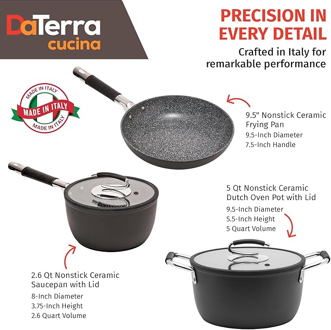 DaTerra Cucina Nonstick Small Pasta Bundle – 2.6 Qt Saucepan with Lid, 9.5" Frying Pan, 5 Qt Dutch Oven with Lid – Induction Compatible, Oven Safe, Ceramic Nonstick, PTFE & PFOA Free – Made in Italy