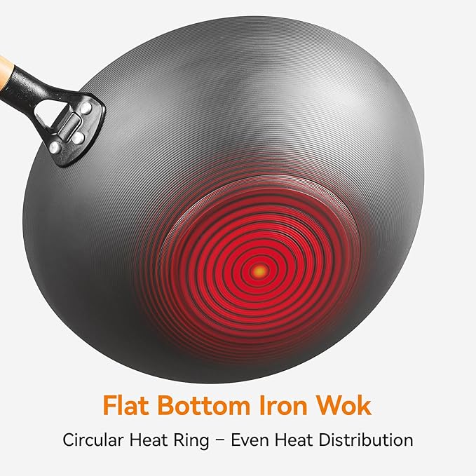 12.6" Carbon Steel Wok Pan, Flat Bottom Stir Fry Wok with Spiral Thread Interior, Coating‑Free Naturally Seasoning Wok, Compatible with Gas, Electric & Induction Cooktops