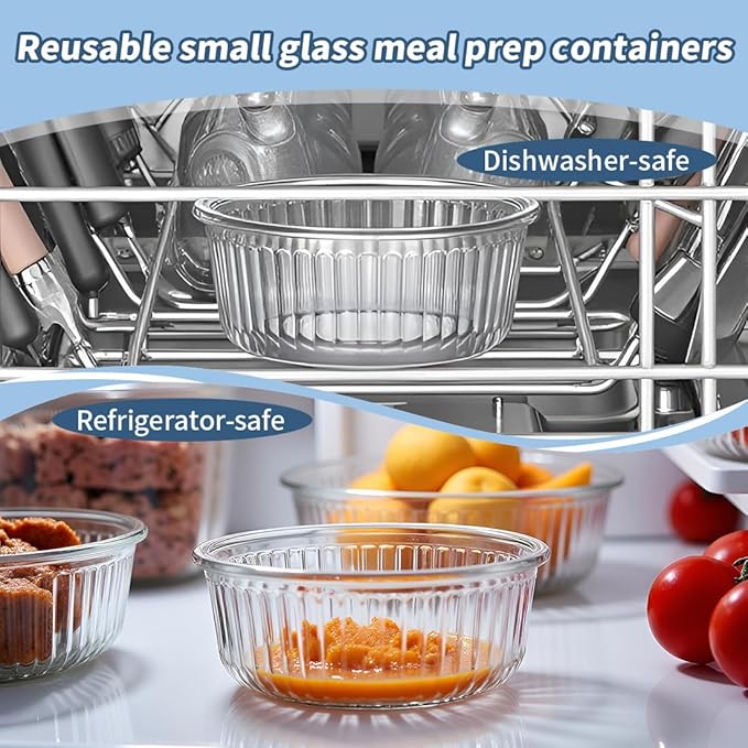 1.5 cup Round Glass Food Containers with Lids and Spoon, 12oz Glass Food Storage Containers set, Small Round Meal Prep Bowls for kitchen, Office, Outdoor. Microwave, Freezer, Dishwashe safe
