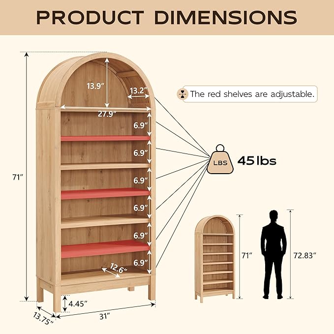 71" Tall Arched Bookshelf, 7 Tiers Arch Bookcase with Storage, Modern Farmhouse Book Shelf with Adjustable Shelves, Wood Bookshelf w/Open Display Shelves for Living Room, Office (Natural)