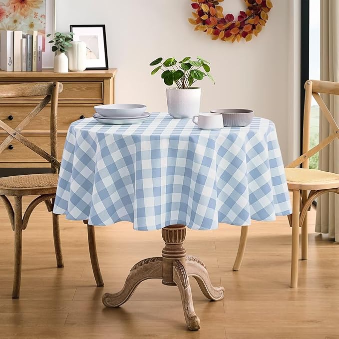Checkered Tablecloth Rectangle Gingham Table Cloths Waterproof Wrinkle Free Buffalo Plaid Table Covers Washable for Dining, Parties & Outdoor Picnic(Light Blue,60" Round)