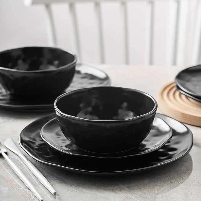 Stone Lain Ivy Stoneware 24 Piece Dinnerware Set, Home Kitchen Dish Set with Dinner Plates, Salad Plates, Bowls, & Mugs - Service for 6, Black