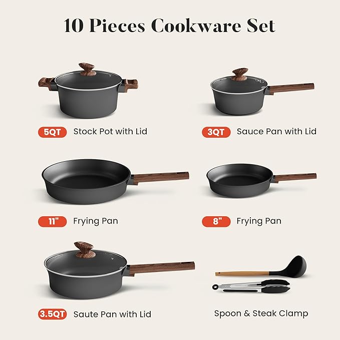 Kitchen Academy Non Toxic Pots and Pans Set Non Stick - 10 Pcs Induction Ceramic Cookware Set, Healthy Nonstick Black Cooking Pans Set, PFAS/PTFE/PFOA & PFOS Free
