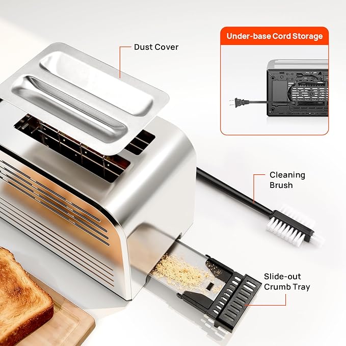 Toaster 2 Slice, Consciot Smart Touch Screen Toasters with 6 Browning Levels, Timer, Reheat/Defrost/Cancel, Extra-Wide Slots, Removable Crumb Tray, Auto Pop-up & Anti Jam, Peak 925W, Stainless Steel