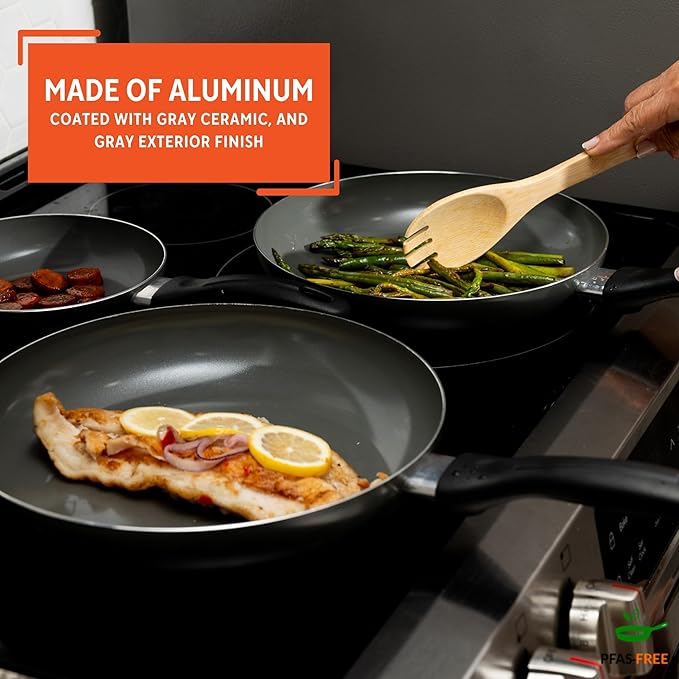 IMUSA Ceramic Nonstick Frying Pan Set, 3-Piece – 7”, 9” & 11” Gray Aluminum Skillets with Cool-Touch Handles – Ideal for Sautéing, Stir-Frying & Searing– Healthy Non-Stick Cookware for Home Kitchen