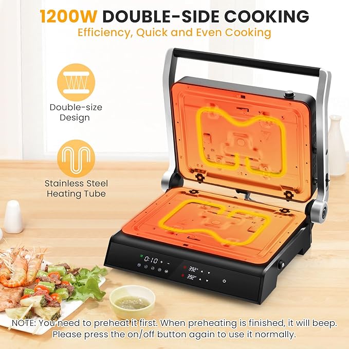 COSTWAY Electric Panini Press Grill, 1200W Gourmet Sandwich Maker w/Non-Stick Double Sided Plates & Removable Drip Tray, 3 in 1 Electric Indoor Gril, Open 180 Degrees to Fit Any Type or Size of Food