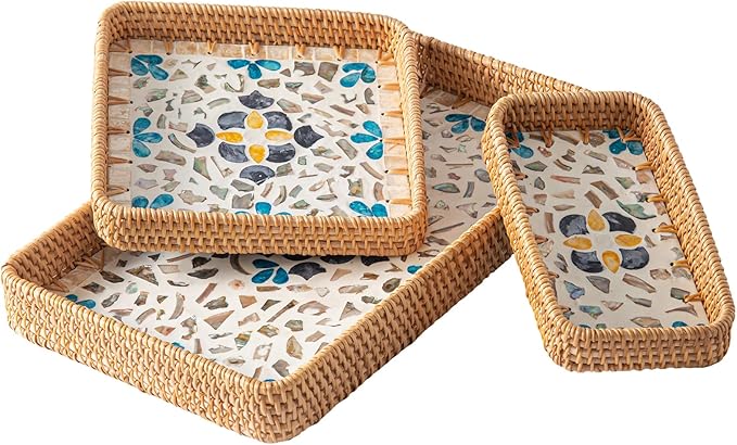 Set of 3 Rectangle Rattan Trays for Decor, Wicker Serving Tray Boho, Hand-Woven from Natural Rattan with Mother of Pearl Inlay, Vintage Woven Decorative Table Trays for Kitchen Counter, Dining Table