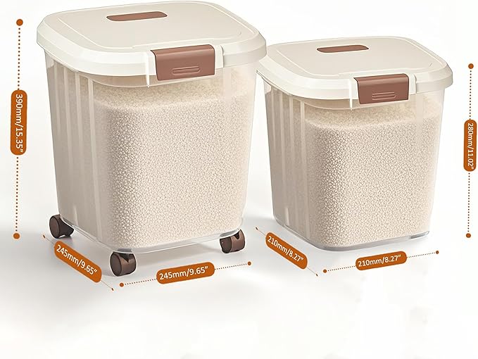 RUIAN 2PCS Airtight Food Storage Bin with Wheels BPA-Free, Lockable&Clear Pantry Organizer for Rice, Flour, Grains & Pet Food,Removable Wheels(22LBS and 33LBS)