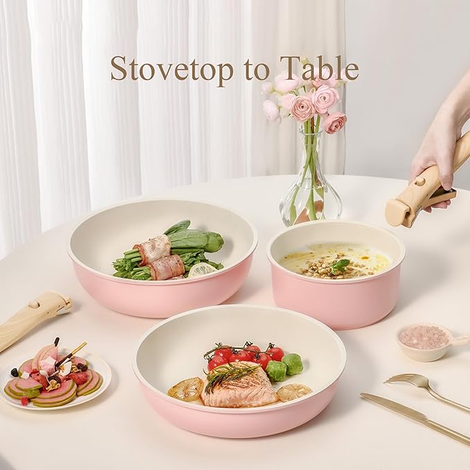 CAROTE Pots and Pans Set, Nonstick Cookware Set Detachable Handle, 19pcs Induction Kitchen Cookware Sets Non Stick with Removable Handle, RV Cookware Set, Oven Safe, Pink