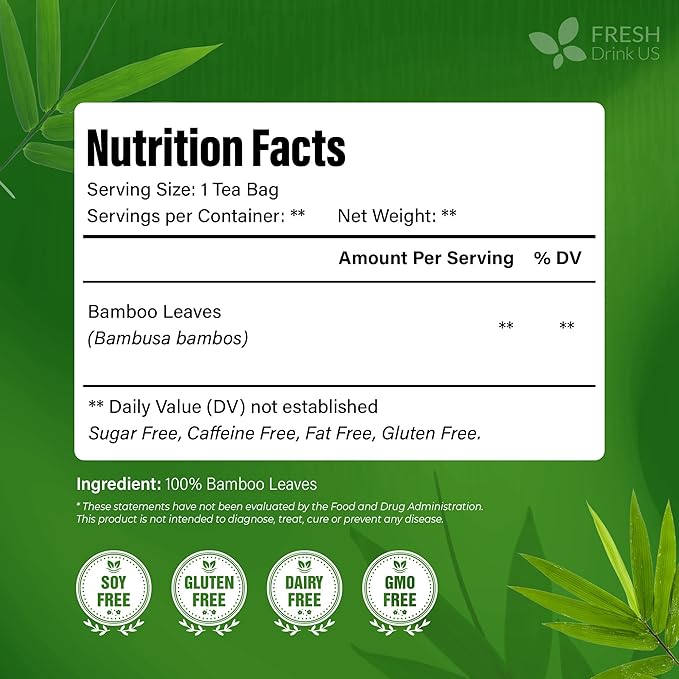 FreshDrinkUS, Premium Bamboo Leaf Tea Bags | 75 Count | Naturally Light & Refreshing Caffeine-Free Herbal Tea – From 100% Natural Bamboo Leaves. Sugar-Free. Vegan