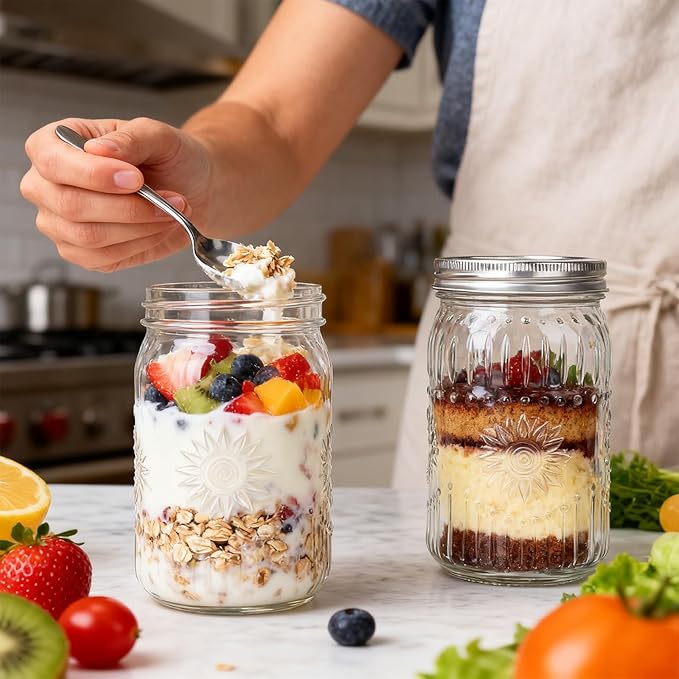 CycleMore 6 Pack 32oz Glass Mason Jars with Silver Two-Piece Lids - Wide Mouth Jars, 1 Quart Canning Jars With Sunflower Print for Preserving, Decor & Storage