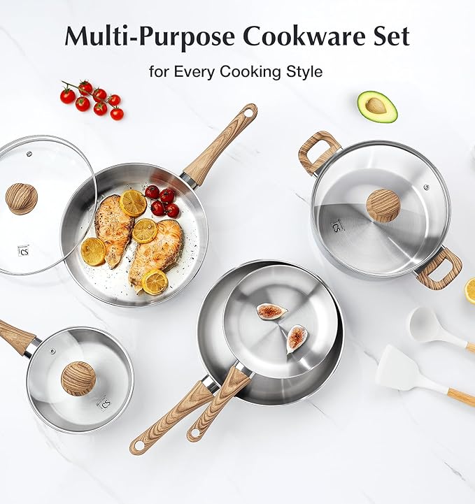 KOCH SYSTEME CS Stainless Steel Coowkare Set 10PCS, Professional 18/10 Stainless Steel Pots and Pans Set with Cool-Touch Handles, Tri-ply Base, Kitchen Cookware Sets, Cooking Set Induction Compatible