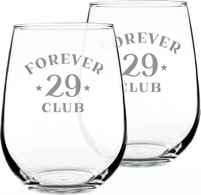 Bevvee Forever 29 Club - Stemless Wine Glass Birthday Gifts for Women & Men Turning 30-30th Bday Party Decor - Set of 2 - Large 17 Oz Glasses