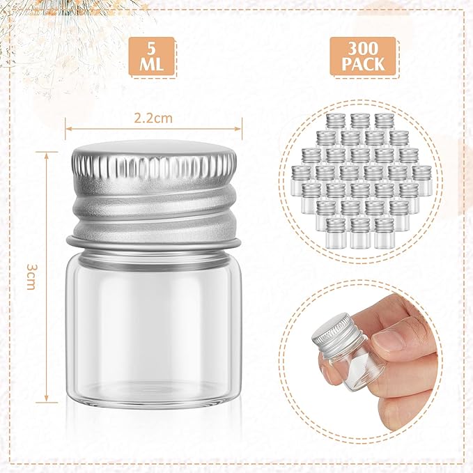 Tessco for you 300 Pcs 5 ml Mini Glass Bottles with Aluminum Cap Tiny Jars Mini Glass Jars Small Clear Vials with Screw Caps Tiny Containers for DIY Craft Storage (Silver)