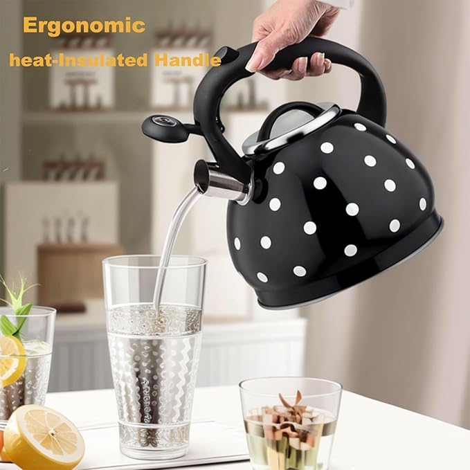 Polka Dot Tea Kettle Stovetop - 3.2 Quart Stainless Steel Whistling Kettle, Vintage Black & White Design, Gas & Electric Stove Safe, Induction