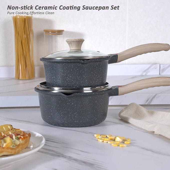 Ceramic Nonstick Saucepan Set 3QT and 4QT, Cast Aluminum Cooking Pots with Side Pour Spouts,Compatible with All Cooktops,Dishwasher Safe